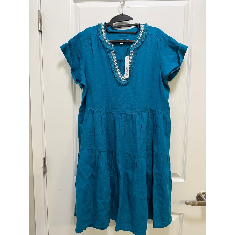 Chico's Teal Blue Linen Tiered Dress Beaded V-Neck Fringe Boho Size 1.5 L 10